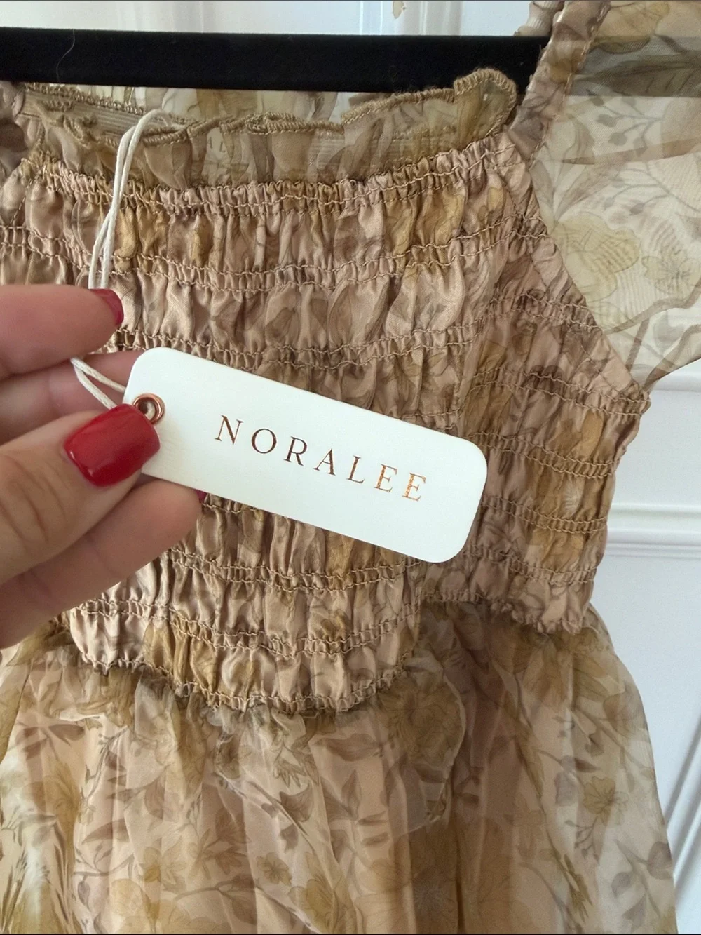 Noralee Size 10 Girls Tan Floral Ruffle-Shoulder Smocked Dress